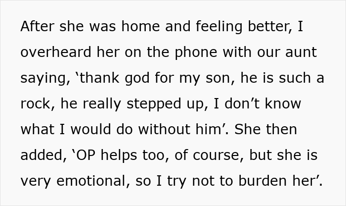 Text showing a woman appreciating her son while overlooking the efforts of her daughter in family support.