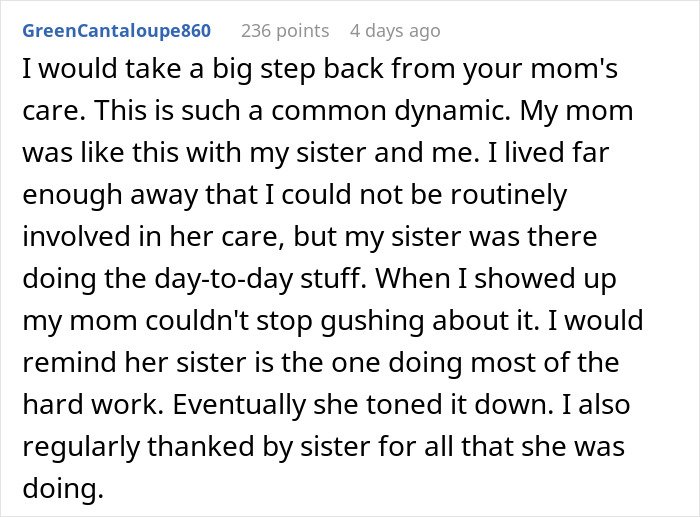 Alt text: Woman unaware of daughter's efforts, distracted by attention and flowers from her son in family care dynamic.