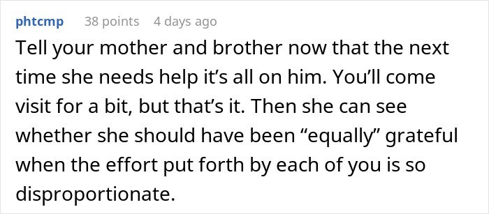 Comment about woman not seeing how much her daughter is doing, overshadowed by flowers from son in family dynamics.