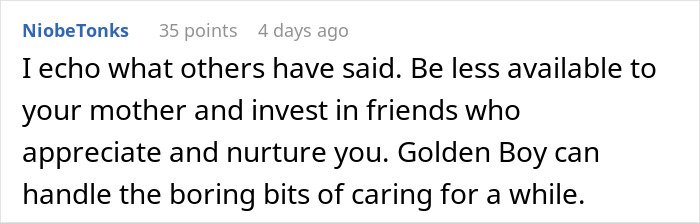 Comment discussing family dynamics, highlighting a daughter’s efforts and a son giving flowers, with user advice.