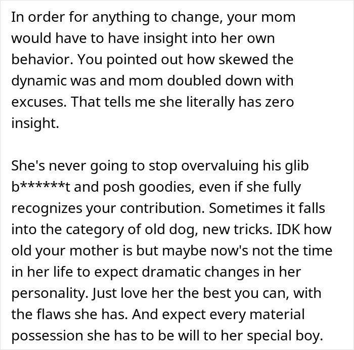 Alt text: Woman doesn’t see how much her daughter is doing, blinded by flowers from son in family dynamic conflict.