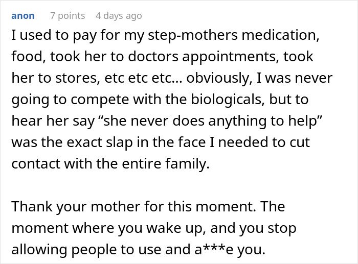 Text post describing a woman blinded by flowers from her son, not seeing how much her daughter is doing for her.