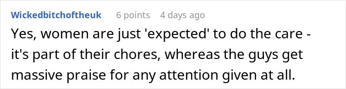 Screenshot of an online comment discussing how women’s care efforts are often overlooked compared to praise men receive.