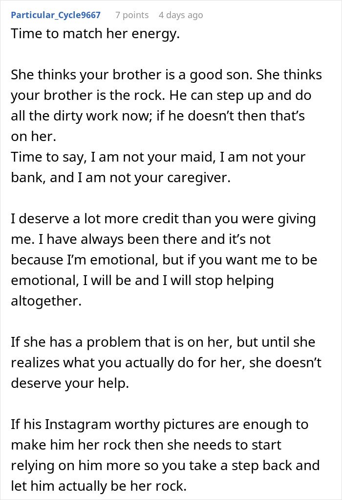 Woman doesn’t see how much daughter is doing for her, blinded by flowers from son in family conflict discussion.