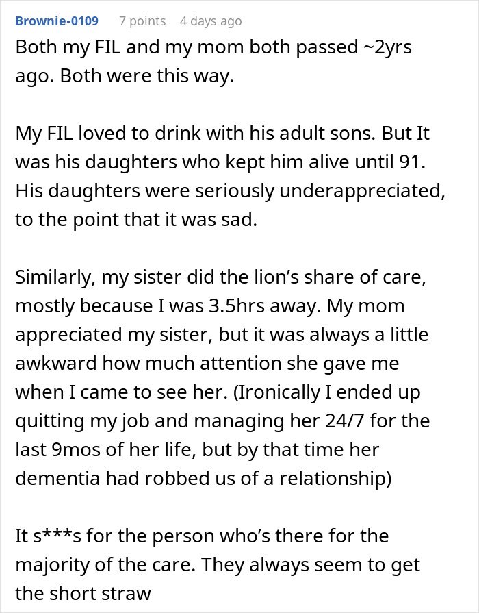 Comment discussing how a woman is blinded by flowers from her son and doesn’t see her daughter’s care efforts.