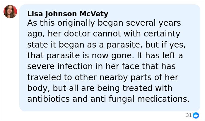 Comment from Lisa Johnson McVety explaining treatment of Brandi Glanville&rsquo;s facial disfigurement caused by severe infection.