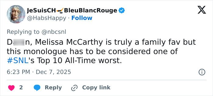 Tweet from a user discussing Melissa McCarthy’s weight loss and her recent monologue on SNL, posted in 2025.