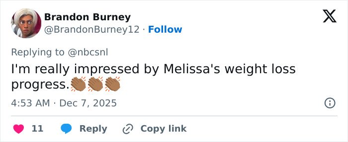 Tweet praising Melissa McCarthy’s jaw-dropping 95-pound weight loss progress after her SNL appearance.