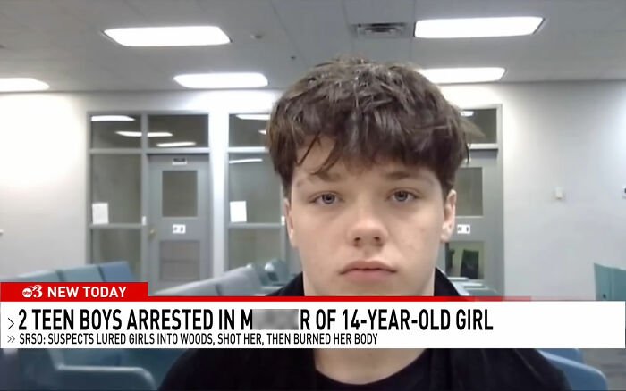 Teen boy in a police interview room after being charged with homicide in the brutal attack on a 14-year-old girl.