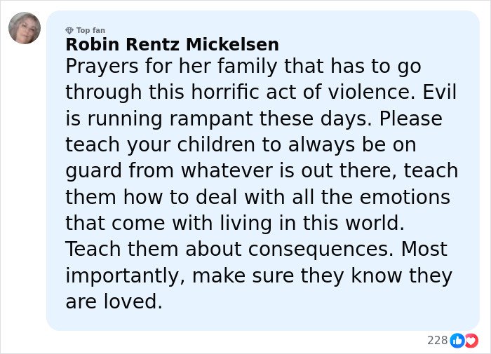 User comment expressing prayers and concern after a brutal attack, highlighting two teens charged with homicide.