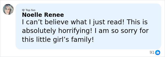 Comment from Noelle Renee expressing shock and sympathy for family after brutal attack on 14-year-old girl homicide case.