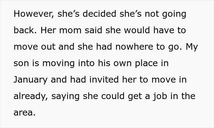 Text excerpt about mom accused of embarrassing son’s girlfriend who offered to cook meals for them in a family dispute.