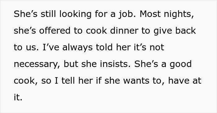 Text excerpt about mom accused of embarrassing son’s girlfriend who offered to cook meals for them.