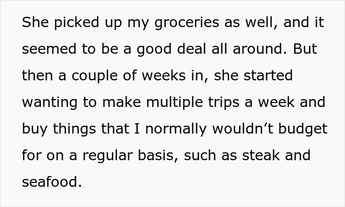 Text excerpt about mom accused of embarrassing son’s girlfriend who offered to cook meals and pick up groceries.