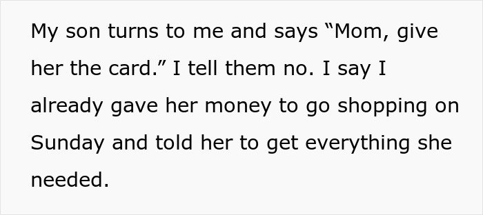 Text excerpt showing a mom accused of embarrassing her son’s girlfriend who offered to cook meals for them.