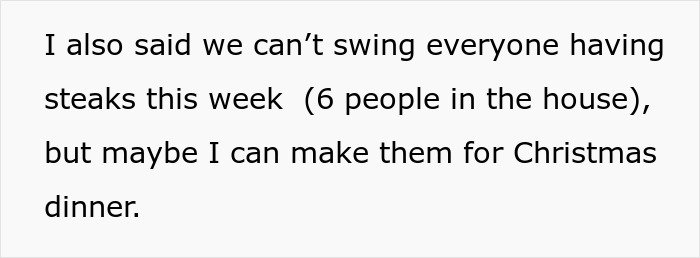 Text showing a message about not being able to provide steaks for six people, with a suggestion to make them for Christmas dinner.