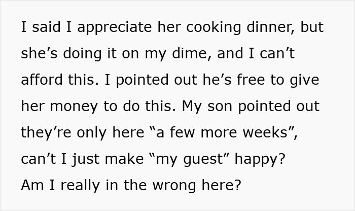 Alt text: Text conversation about mom accused of embarrassing son’s girlfriend who offered to cook meals but strained finances.