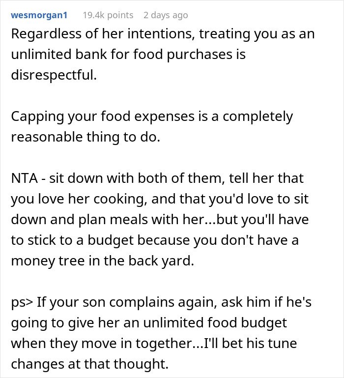 Comment discussing reasonable food budget limits as mom accused of embarrassing son’s girlfriend who offered to cook meals.