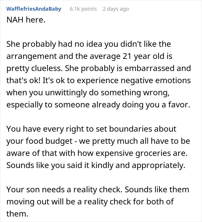 Comment discussing mom accused of embarrassing son's girlfriend who offered to cook meals and boundary setting.