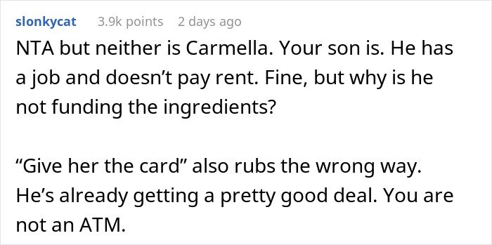 Comment discussing a mom accused of embarrassing son’s girlfriend who offered to cook meals, questioning ingredient funding.