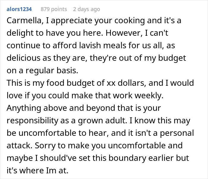 Text of a mom explaining food budget boundaries to son’s girlfriend who offered to cook meals for them.