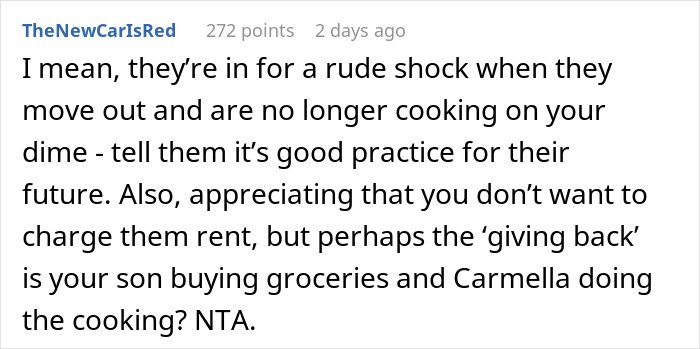 Screenshot of a Reddit comment discussing a mom accused of embarrassing her son’s girlfriend who offered to cook meals.