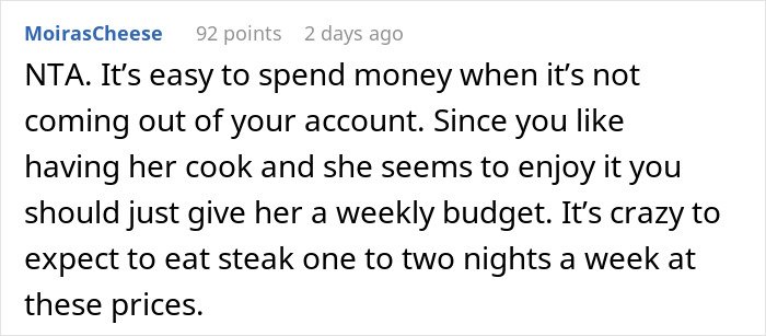 Comment discussing budgeting for meals cooked by son's girlfriend, related to mom accused of embarrassing son’s girlfriend.