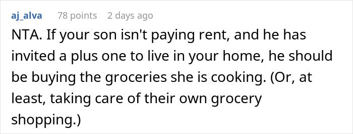 Screenshot of a comment discussing a mom accused of embarrassing son’s girlfriend who offered to cook meals for them.