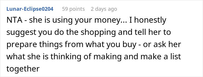 Commenter discussing a mom accused of embarrassing son’s girlfriend who offered to cook meals for them.