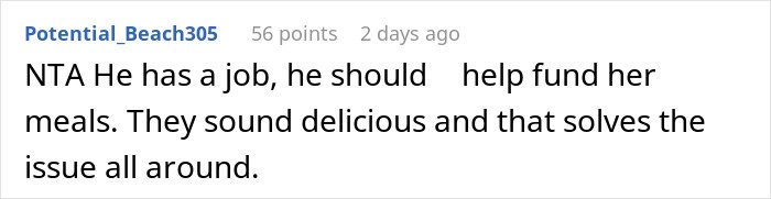 Comment from user Potential_Beach305, discussing a son’s job and funding meals amid mom accused of embarrassing son’s girlfriend.
