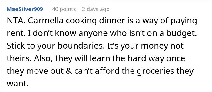 Comment discussing mom accused of embarrassing son’s girlfriend who offered to cook meals as a way of paying rent.