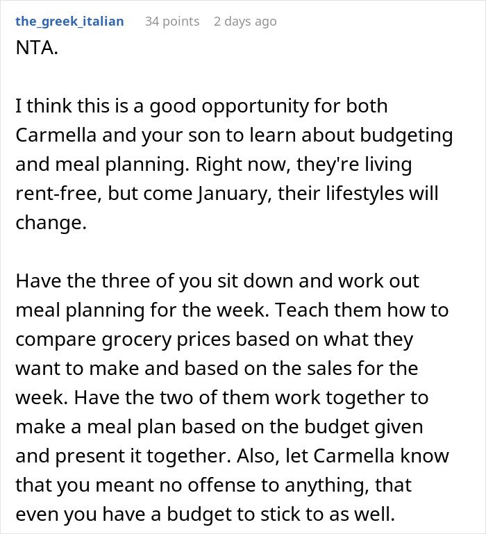 Comment discussing mom accused of embarrassing son’s girlfriend who offered to cook meals, focusing on budgeting advice.