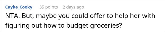 Comment suggesting to offer help with budgeting groceries in a discussion about mom accused of embarrassing son’s girlfriend.