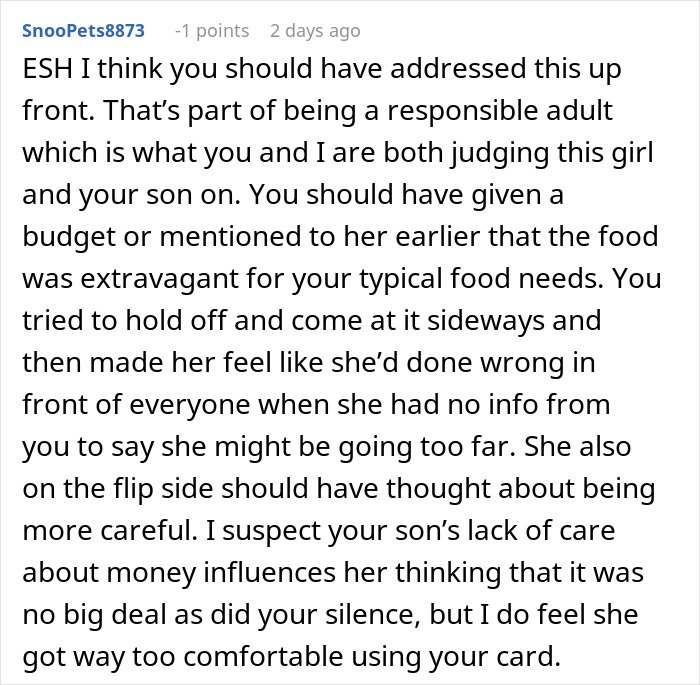 Comment about mom accused of embarrassing son’s girlfriend offering to cook meals and discussing food budgeting issues.