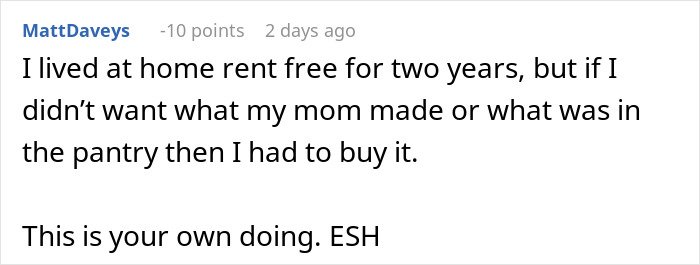 Comment about mom accused of embarrassing son’s girlfriend who offered to cook meals, discussing living rent free and food preferences.