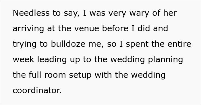 Text excerpt about wedding venue preparation related to mil demands and wedding venue changes stuck in a storm situation.