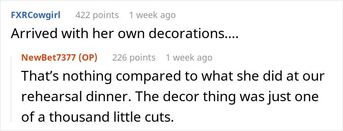 Screenshot of a forum conversation discussing mil demands and wedding venue changes causing stress and conflict.