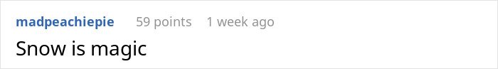Comment reading Snow is magic on a gray background with a username madpeachiepie and engagement details below.