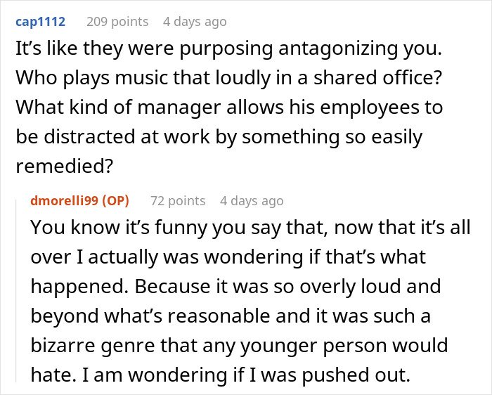 Conversation about man refusing to stop blasting Christmas music in the office causing coworker to rage quit.