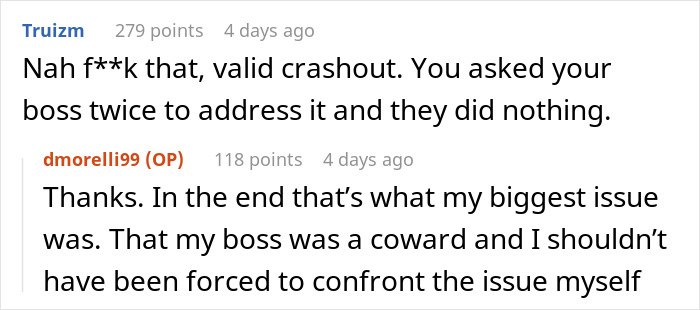 Screenshot of a Reddit conversation about a man blasting Christmas music in the office causing coworker to rage quit.