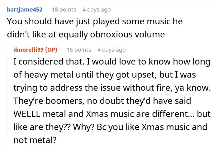 Screenshot of a Reddit conversation about a man refusing to stop blasting Christmas music in the office causing coworker rage quit.