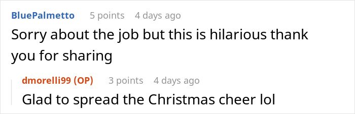 Screenshot of a Reddit conversation about a man blasting Christmas music in the office causing a coworker to rage quit.