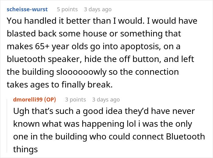 Text conversation about office Bluetooth speakers and blasting music, related to man refusing to stop playing Christmas music.
