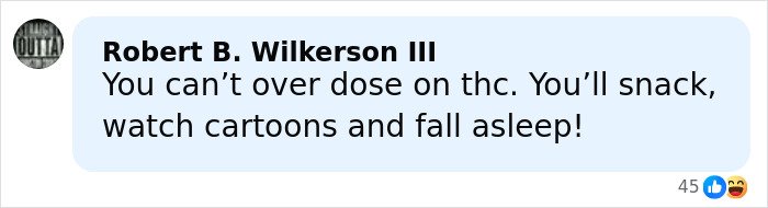 Screenshot of a social media comment discussing THC effects related to mom calling 911 after kids eat her gummies.