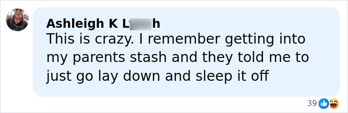 Facebook comment from Ashleigh K L describing a personal story about parents and gummies after kids eat them.