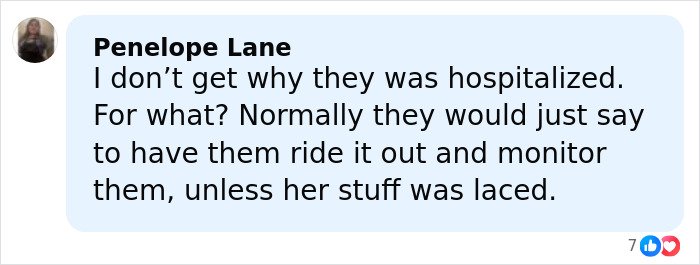 Facebook comment from Penelope Lane discussing a hospitalization after kids ate gummies, reflecting divided internet opinions.