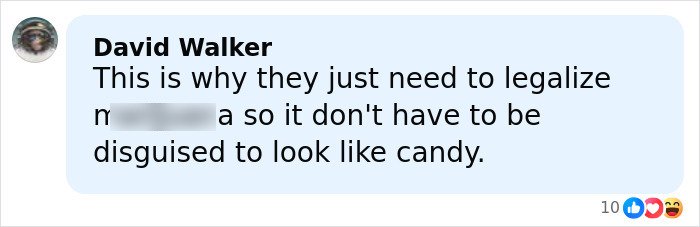 Screenshot of a comment about legalizing m*******a, related to kids eating gummies and resulting arrest debate.