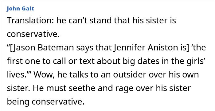 Text excerpt revealing Jason Bateman raises eyebrows with a critical remark about his sister Justine’s conservatism.