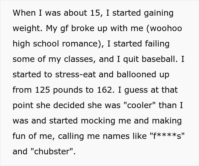 Text excerpt describing a guy’s experience with weight gain and a breakup, highlighting relationship conflict online.