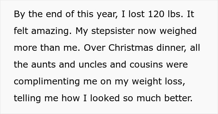 Text excerpt about a guy’s weight loss journey and family complimenting his progress during Christmas dinner.